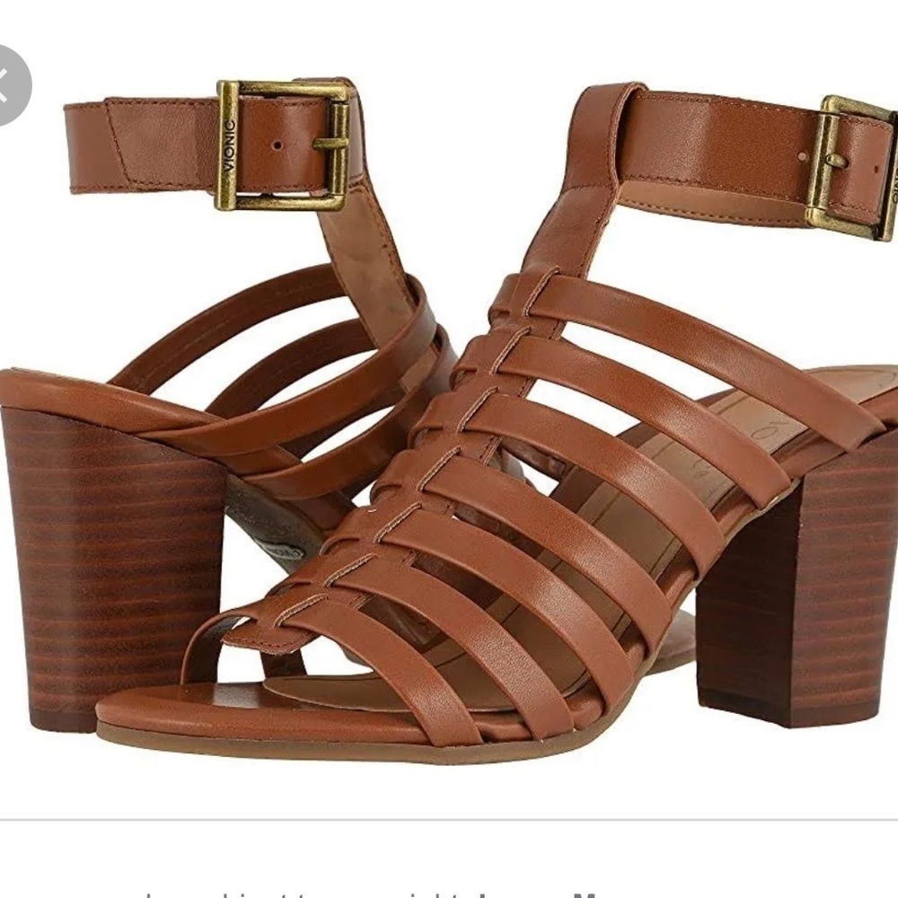 VIONIC Perk Sami cognac leather ankle strappy sandals Sz 11 W